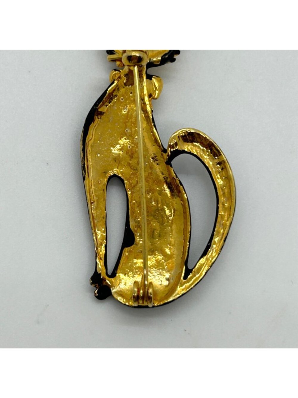 Vintage Black Matte Enamel Siamese Cat Brooch With Gold-Tone Rhinestone Bow - Picture 6 of 11
